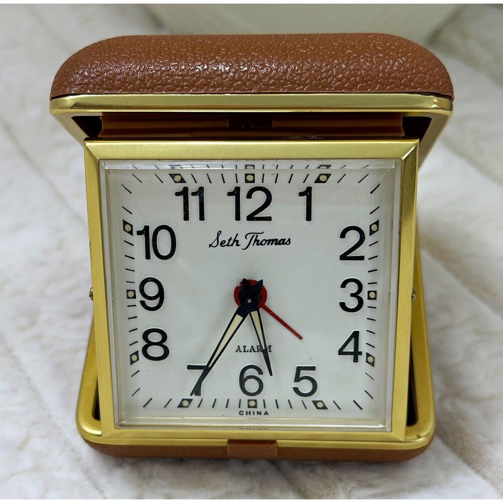 Vintage Seth Thomas Travel Alarm Clock Folding Case Brown Gold Tone Working